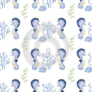 Cute Sea horse Seamless Pattern on white background illustration